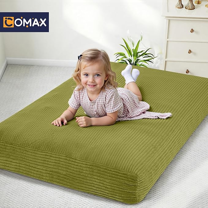 COMAX Kids Bean Bag Chair Turn into Beanbag Bed, Toddler Bean Chair Corduroy for Girl Boy Sleeping, Lazy Children Bean Bags with Filler, Convertible Child Floor Mattress, Light Green