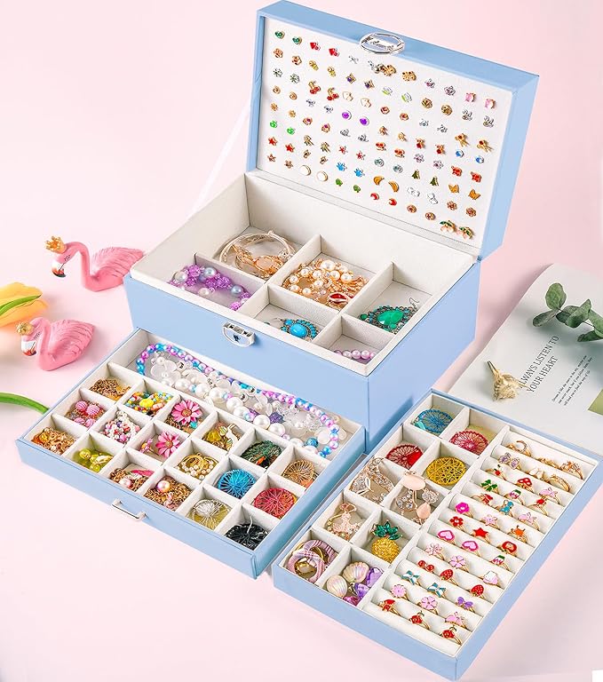 Earrings Jewelry Box for Girls, 5 Layers Jewelry Organizer with Earring Holder Organizer for Girls Earring Organizer Jewelry Boxes for Women Earrings and Necklaces Jewelry Box Organizer Blue