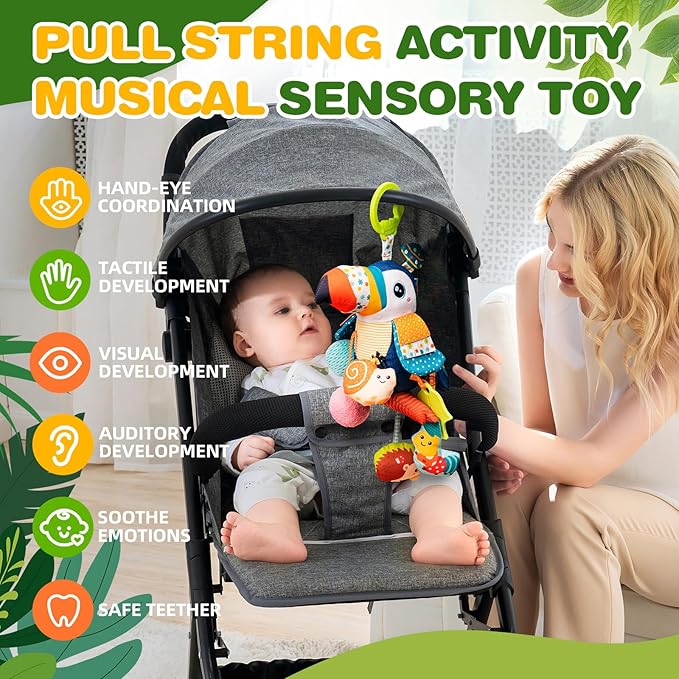 Jollybaby Musical Activity Pull String Hanging Toy for Baby Stroller Car Seat Crib Play Gym, Plush Stuffed Toucan Toy for Carseat with Music Teether Rattles, Sensory Toy for Baby Gift