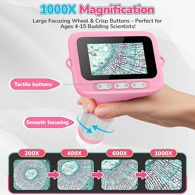 3" Screen Digital Microscope for Kids: 1000X Rechargeable Mini Pocket Portable Miniscope Magnifying Glass 4K Coin Jewelry Loupe Edu Science STEM Toy Xmas Gift 4-12 Boys Girls