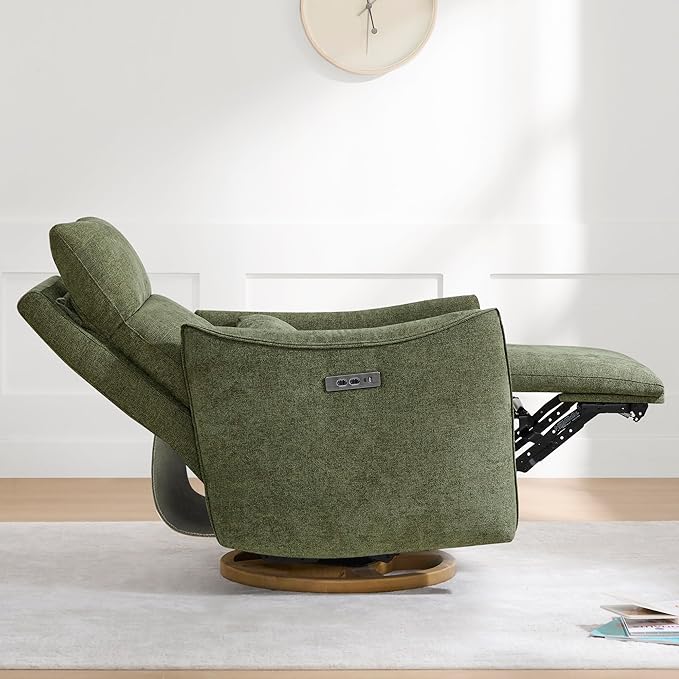 CHITA Swivel Rocker Recliner Chair, Power Nursery Glider Recliner, Nursery Rocking Chair with Adjustable Power Headrest, FSC Certified, Solid Wood Base, Moss Green