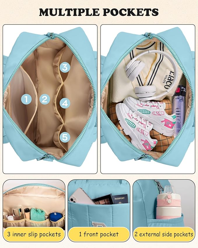 Duffle Bag, Weekender Bags for Girl，Initial Overnight Bag with Wet Pocket，Teenage Girl Gifts-Lightweight Dance Bags Personalized Gymnastics bag with Makeup Pouch