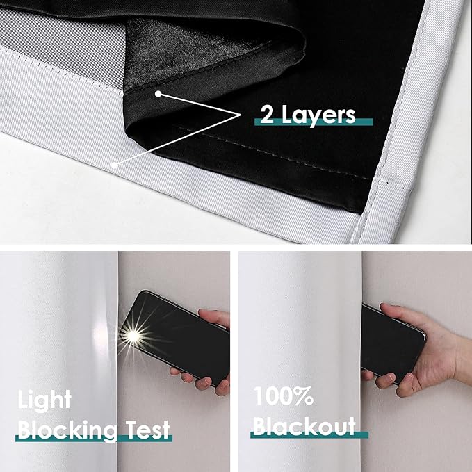 ChrisDowa 100% Blackout Curtains for Bedroom with Black Liner, 2 Thick Layers Total Blackout Thermal Insulated Grommet Window Curtains 2 Panels Set (Greyish White, 52 x 45 Inch)