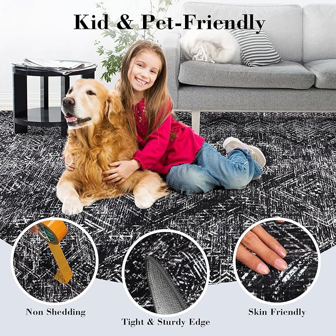 COZYLOOM Area Rug for Bedroom 5x7 Machine Washable Rugs for Living Room Modern Abstract Floor Cover Non Slip Low Pile Geometric Mats Stain Resistant Soft Carpet for Dining Room, Black