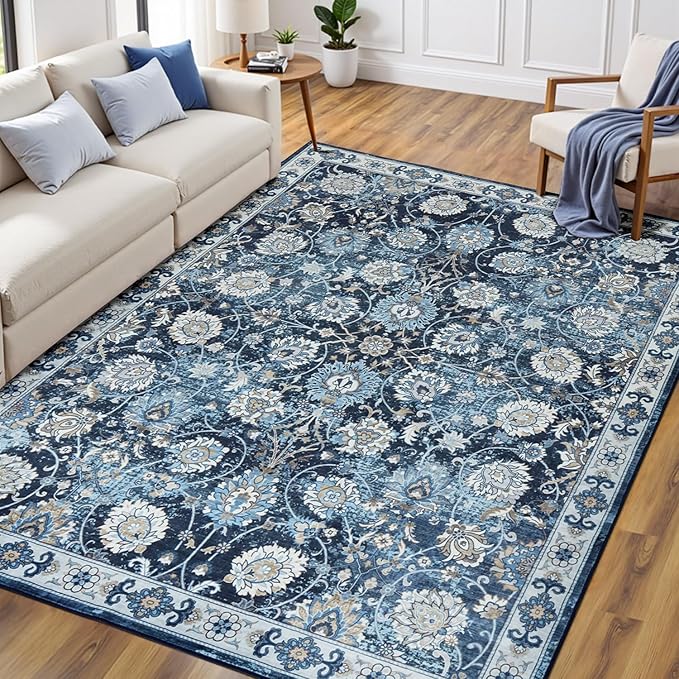 Floral Washable Area Rugs 5x7, Vintage Rug for Living Room, Large Bedroom Carpet, Non Slip Low Pile Ultra Soft Carpets for Indoor Dining Home Nursery Playroom Under Table, Blue Garden