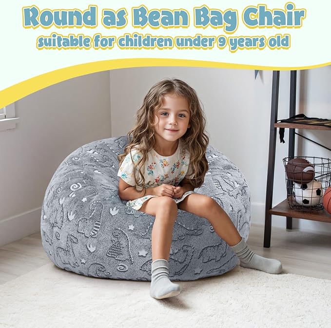 Kids Bean Bag Chair Turn into Beanbag Bed, Dinosaur Toddler Bean Chair for Girl Boy Sleeping, Lazy Children Bean Bags with Filler, Convertible Child Floor Mattress, Grey Dino