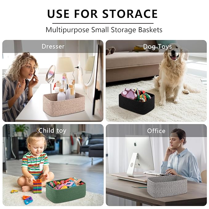 4 Pack Small Storage Shelf Baskets for Organizing, Mini Woven Rope Storage Bins for Towels, Cute Decorative Closet Organizer，Baby Nursery, Gift Empty Baskets -11.81''Lx7.87''Wx4.72''H'-Brown