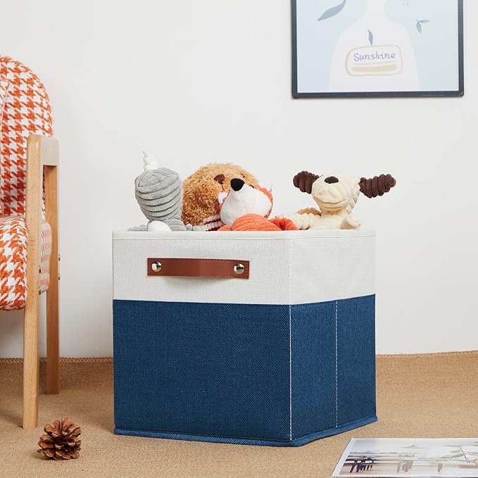 HNZIGE Cube Storage Bins Basket for Shelves Set of 4, Fabric Storage Cubes Baskets Closet Storage Bins for Cube with Handles, Cubby Storage Bins Baskets for Organizing Home and Office (White Blue)