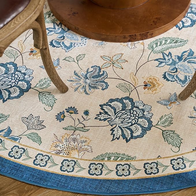 jinchan Floral Corner Rug for Living Room Washable Bedroom Rug Vintage Romance Design Non Slip Quarter Circle Lightweight Low-Pile Throw Carpet for Reading Nook Playroom,7ft Radius, Blue/Beige