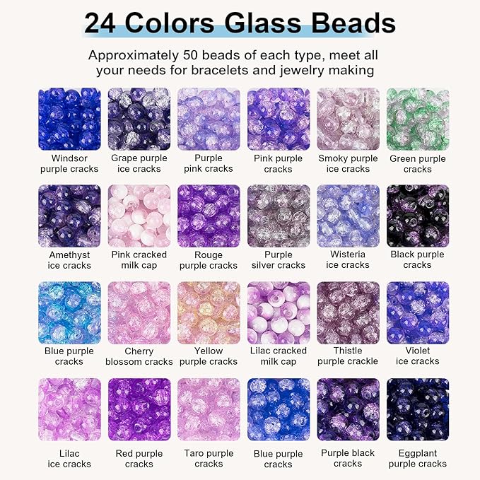 About 1200PCS 6mm Crack Glass Beads,24 Assorted Crack Violet Purple Series Colorful Crystal Beads for Bracelet and Jewelry Making and DIY Crafts,Friendship Bracelets