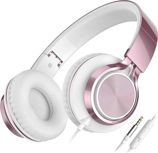 AILIHEN C8 Girls Headphones, On-Ear Headphones Wired with Microphone and Volume Control Foldable Corded Stereo 3.5mm Headset for Girls School Chromebook Laptop Computer PC Tablets Travel (Rose Gold)