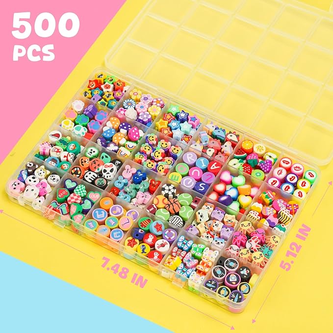 Gionlion 500 Pcs Polymer Clay Beads Bracelet Making Kit，24 Style Animal Fruit Flower Butterfly Bunny Pony Letter Beads Charms for Jewelry Making, DIY Art and Crafts Toys Gifts for 4+ Year Old Kids