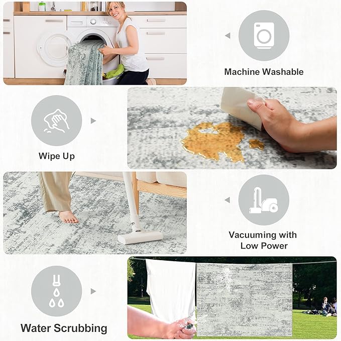 Area Rugs Living Room Rug - 4x6 Washable Modern Abstract Soft Neutral Non-Slip Carpet Large Indoor Floor Stain Resistant Thin Carpets for Bedroom Dining Room Farmhouse Nursery Home Office Grey
