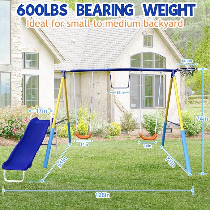 5-in-1 Backyard Swing Set for Kids Ages 3-8 | Outdoor Playset with Slide, 2 Safe Swing Seats, Basketball Hoop & Gymnastics Rings | Heavy-Duty HDPE & Steel Frame