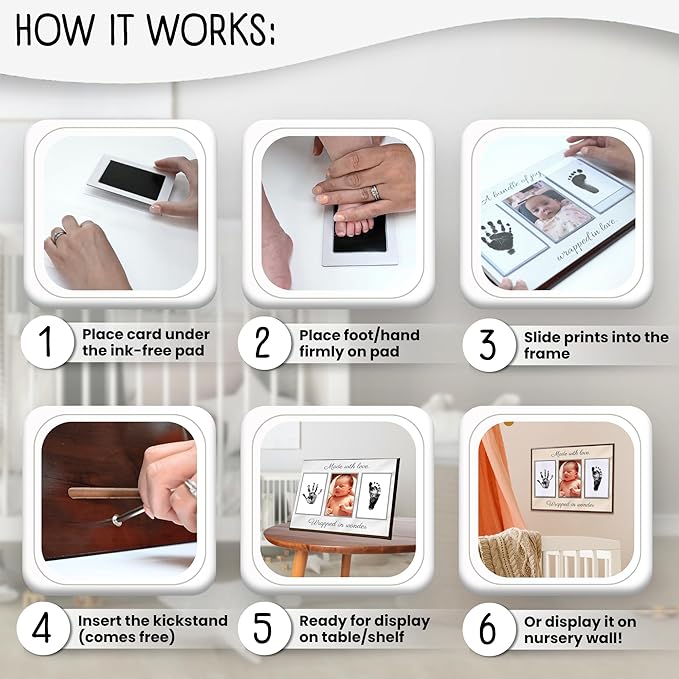 Baby Hand and Footprint Kit with Photo & Birth Details, Inkless Hand and Footprint Kit, Newborn Keepsake Plaque, Baby Shower Gifts (STYLE 2 (Baby Shower) (Made With Love))