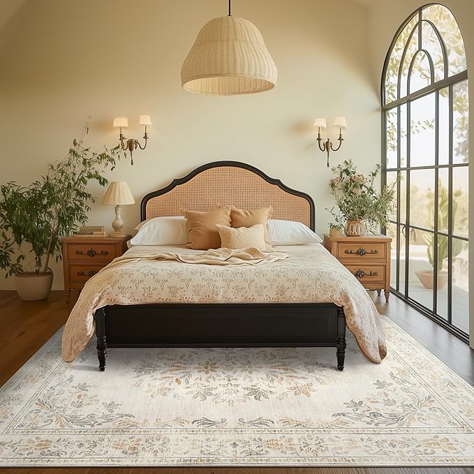 jinchan Vintage Floral 8x10 Area Rugs for Living Room - Machine Washable Distressed Design Soft Throw Rug Thin Non-Slip Large Carpet for Bedroom Nursery Dining Room Home Office (8x10ft,Light Grey)