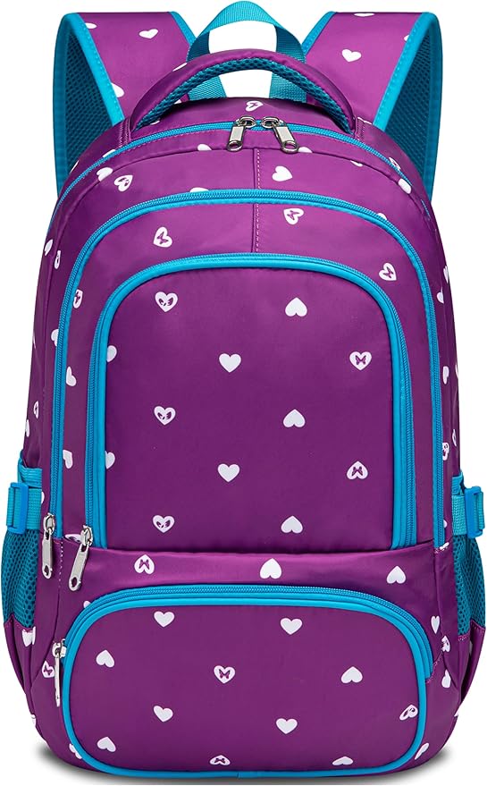 BLUEFAIRY Kids Backpack for Girls Primary Elementary School Bag Bookbag for Childs Book Bag Mochilas Escolares para Niñas de 4-6 Back to School Cute Gifts 17" Heart Print/Purple