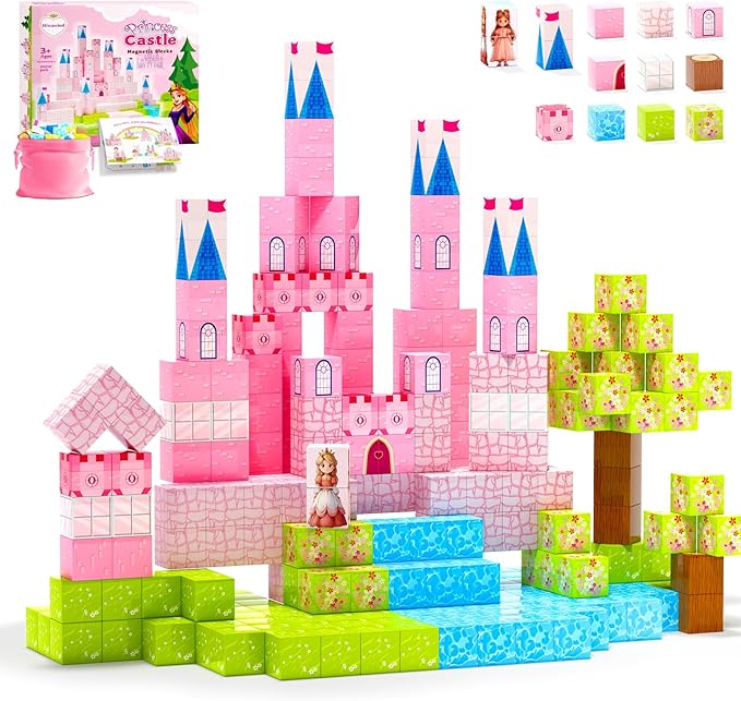 64 Pcs Magnetic Blocks-Princess Castle Collection World,Magnetic Building Blocks for 3+ Year Old Boys & Girls, Creative STEM Sensory Toys,Christmas Birthday Gifts for Kids Ages 3-8