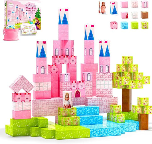 64 Pcs Magnetic Blocks-Princess Castle Collection World,Magnetic Building Blocks for 3+ Year Old Boys & Girls, Creative STEM Sensory Toys,Christmas Birthday Gifts for Kids Ages 3-8