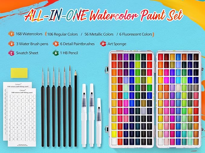 168 Colors Watercolor Paint Set with 4 Brushes, Portable Travel Water Color Kit with Carrying Case, Palette and Accessories, Non-Toxic Art Supplies Gift for Artists Adult Teen Kids Girls