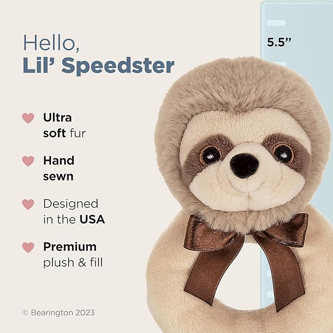 Bearington Baby Lil’ Speedster - 5.5 Inch Sloth Plush Stuffed Animal Soft Ring Rattle, Sloth Baby Stuff - Newborn Toy Plush Animal