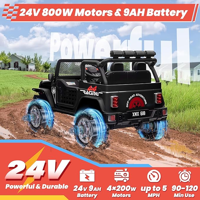 24V 4WD Ride on Truck Car w/800W Motors, Gift Flower, Remote Control, 2 Seaters, Light Bar, 3 Speeds, Pop Music, Power Four Wheels, 24 Volt Ride on Toy Car for Big Kids, Black