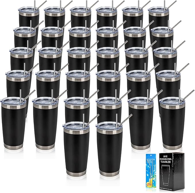 IEOVIEE 32 Pack 20oz Stainless Steel Bulk Tumblers with Lids and Straws Double Wall Insulated Travel Mug Durable Powder Coated Tumbler Bulk Cup for Cold and Hot Drinks(Black)