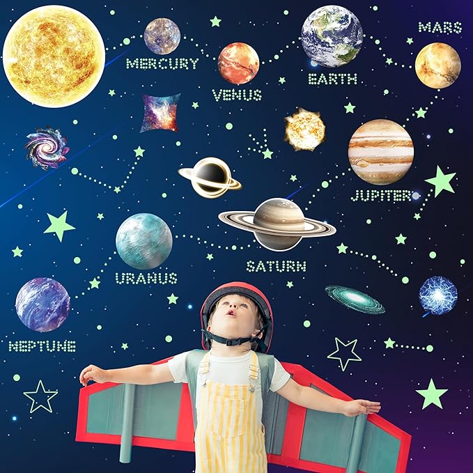 Glow in The Dark Stars and Planets for Ceiling, Glow Solar System Wall Stickers, Space Wall Decals for Kids Boys Room (Green)