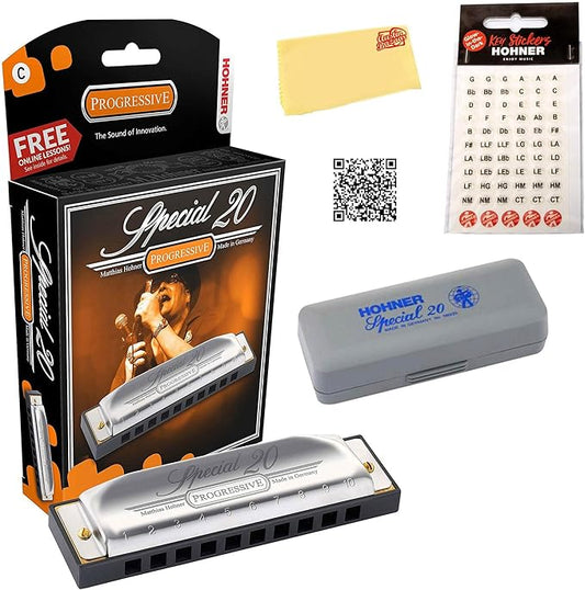 Hohner 560 Special 20 Harmonica - Key of B Bundle with Carrying Case, Key Stickers, Harmonica Beginner Online Manual, and Austin Bazaar Polishing Cloth