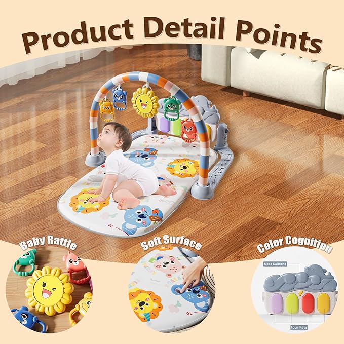 Alive Lovely Baby Gyms Play Mats, Musical Activity Center Baby Piano Gym Mat, Music and Lights Tummy Time Padded Mat for Newborn Newborn 0 to 3 6 9 12 Months