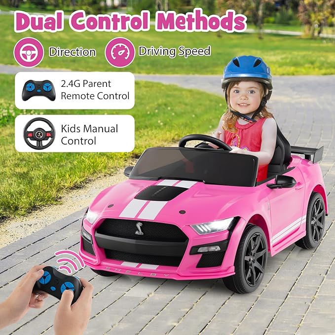Costzon Ride on Car, 12V Licensed Ford Mustang Shelby GT500 Kids' Electric Vehicles w/Remote Control, USB Port, Radio, Music, Player, High Low Speed & Soft Start, Racing Kids Car for Toddlers (Pink)