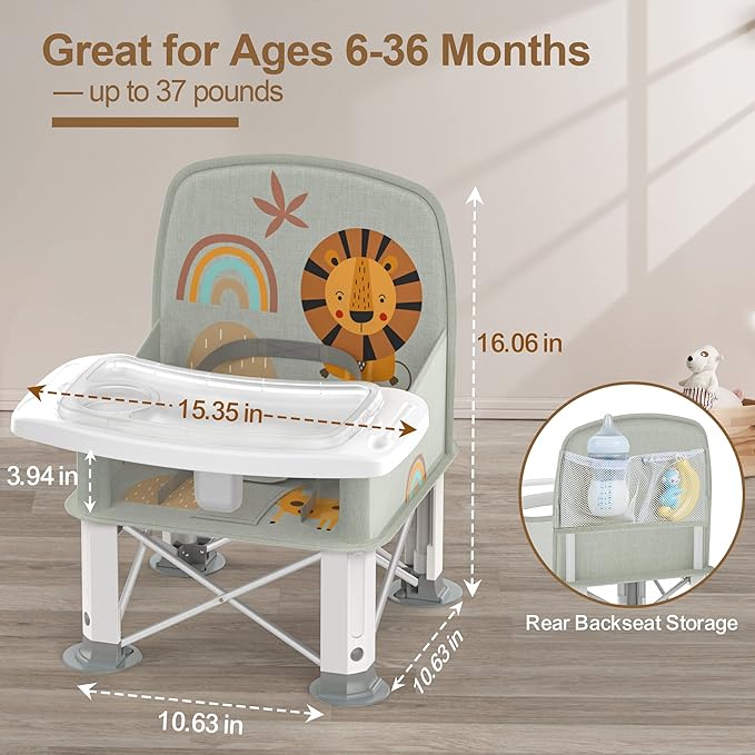 Baby Travel Booster Seat with Double Tray, BabyBond Upgraded Toddler Portable Baby Chair, Booster Seat for Dining Table, Stable and Foldable Booster Baby Chair for Indoor/Outdoor (Grey Lion)