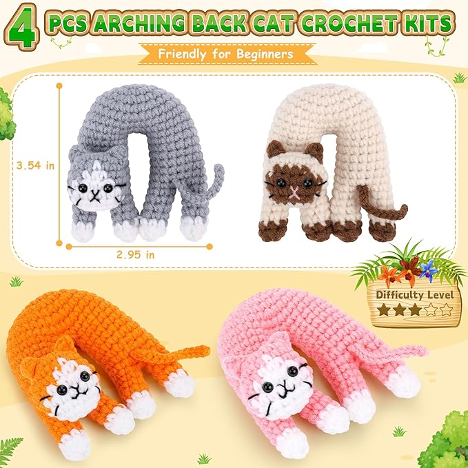 Crochet Kit for Beginners, 4 Pack Funny Cat Crochet Kits, Animal Starter Crochet Kit with Step-by-Step Video Tutorials, Easy DIY Cat Craft for Adults & Kids, Novelty Gift for Crochet Lovers