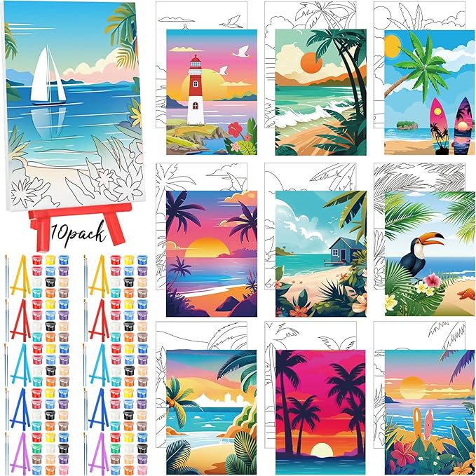 Blosssound 10 Set Pre Printed Canvas Pre Drawn Canvas Painting with Easel Kits 5" x 7" Outline Painting Panels for Beginners, DIY Craft Project, Party Favor, Home Decors(Landscape)