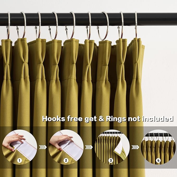 KEQIAOSUOCAI Yellow Pinch Pleated Curtains 45 Inch Length 2 Panels Set Noise Cancelling Window Drapes for Nursery Bedroom Living Room 40x45