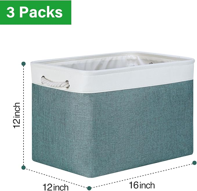 Bidtakay Large Storage Baskets for Shelves 3 Pack Fabric Storage Bins for Organizing Linen Collapsible Organizer for Closet-Deep Green