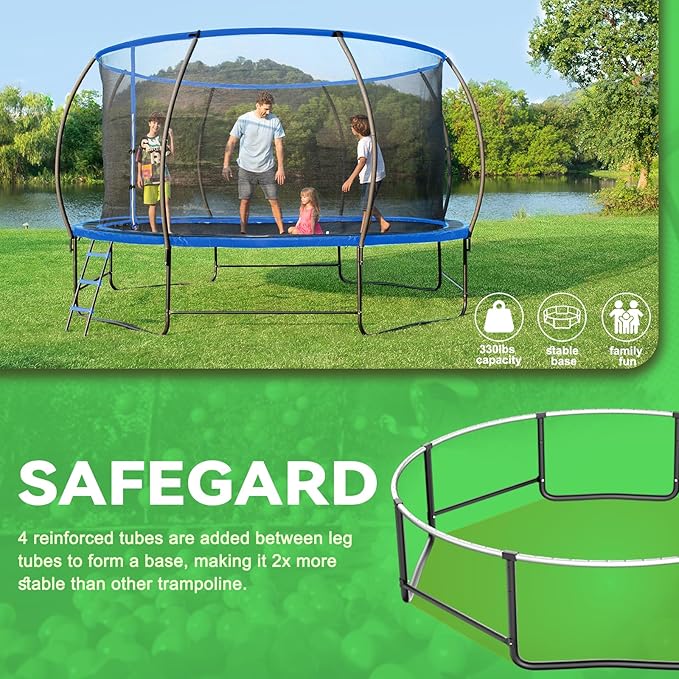 14FT 12FT 10FT 16FT Trampoline with Safety Enclosure, Anti-Rust Coating – ASTM Certified, Heavy-Duty Outdoor Trampoline with Ladder – for Kids & Adults