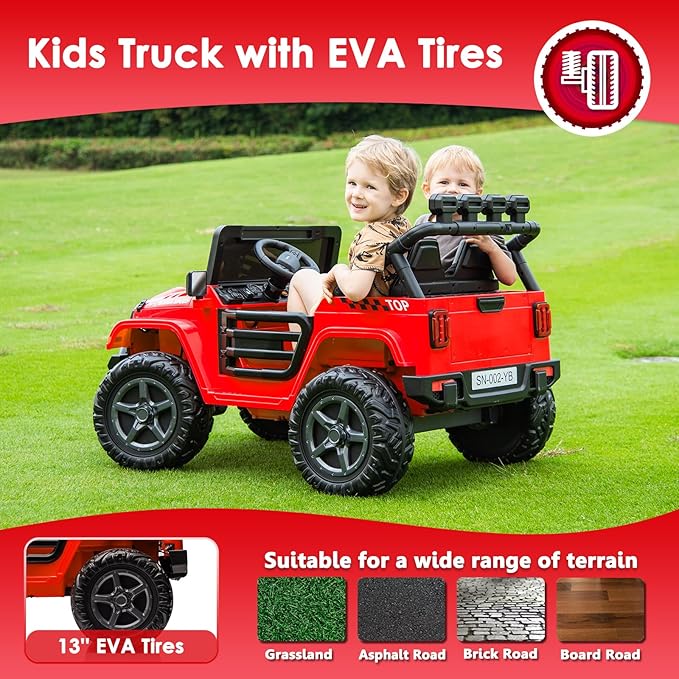 24V 2 Seater Ride On Truck with Remote Control 4WD Electric Car for Kids Ride On Car Battery Powered Ride On Toy Car with Music Player, LED Lights, Bluetooth, Rear Shock Absorber, Red