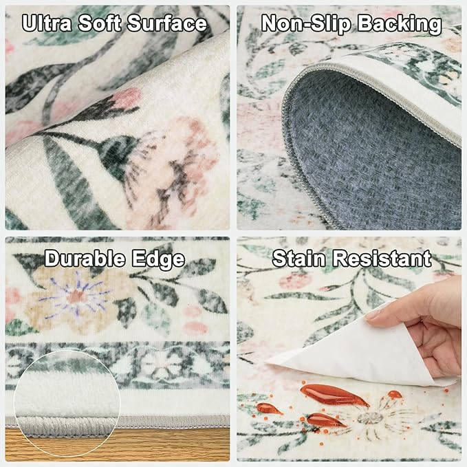 8x10 Area Rugs for Living Room: Floral Washable Rug Vintage Large Soft Boho Non-Slip Carpet Indoor Stain Resistant Low Pile Carpets for Bedroom Dining Room Farmhouse Nursery Home Office Green Beige