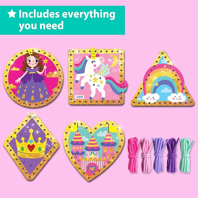 EZCRA Premium Foil Edge Lacing Cards for Kids Ages 3-6 | 5 Double-Sided Princess and Unicorn Sewing Cards with Multilingual Learning | Durable Cardboard Fine Motor Skills Activity Kit
