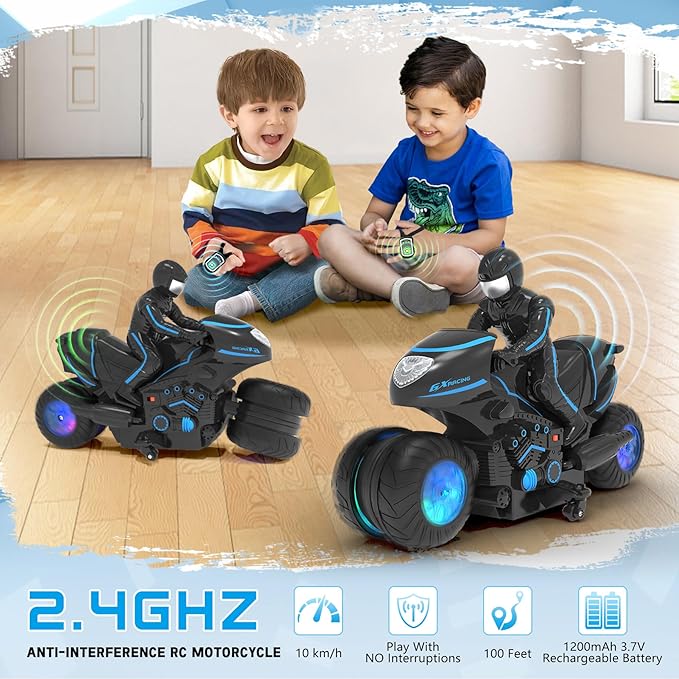 Eulogia Remote Control Motorcycle Toys New Upgraded RGB Wheels Lights, RC Motorbike with 2-in-1 Remote, Gesture Sensing Stunts Dirt Bike, 360° Rotating High Speed Motocross Car for Boys Girls Gift