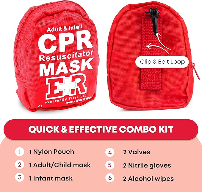 Adult and Infant CPR Mask Combo Kit – 8-Pack – 16 Valves, 8 Gloves, 16 Alcohol Pads – Emergency Resuscitation Kit for First Responders