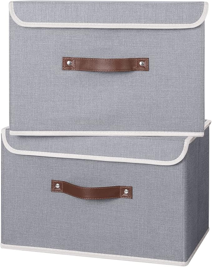 ANMINY 4PCS Storage Bins with Lid PU Leather Handles Storage Boxes PP Plastic Board Decorative Foldable Lidded Cotton Linen Fabric Home Cubes Baskets Closet Organizer Containers - Gray, Large Size