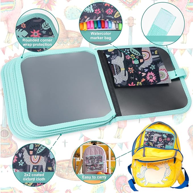 Erasable Doodle Set for Kids - Reusable Magic Drawing Book with 12 Watercolor Pens 14 Page Drawing, Road Trip Car Game Writing Painting Set for Boys and Girls (Sheep)