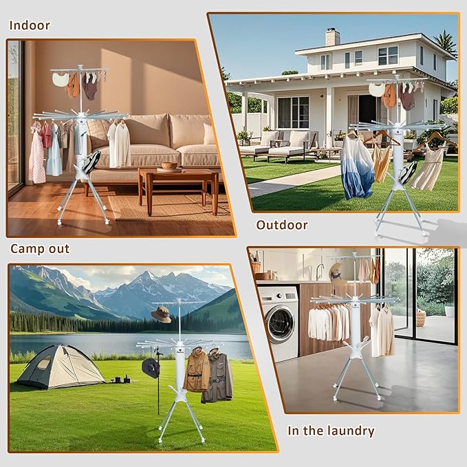 Clothes Drying Rack 2025 Upgrade 4-Legged 3-Tier Foldable Laundry Rack with 4 Pulleys 20 Clips,6 Shoe Dryers 16Drying Rods for Indoor/Outdoor, Camping, Poolside Space Saving, Whit