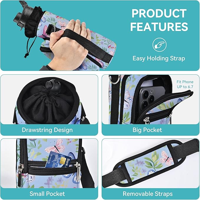 25/32/40/64oz Water Bottle Bag Holder Carrier-Insulated Crossbody Sling Case Sleeve with Strap & Pockets for Men Women Gym Cycling Travel Walking Hiking Camping