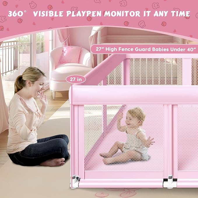 74" ×50" Large Baby Playpen, Baby Playard for Babies and Toddlers, Play Pens for Indoor & Outdoor, Sturdy Safety Play Yard with Soft Breathable Mesh, Anti-Fall, Pink