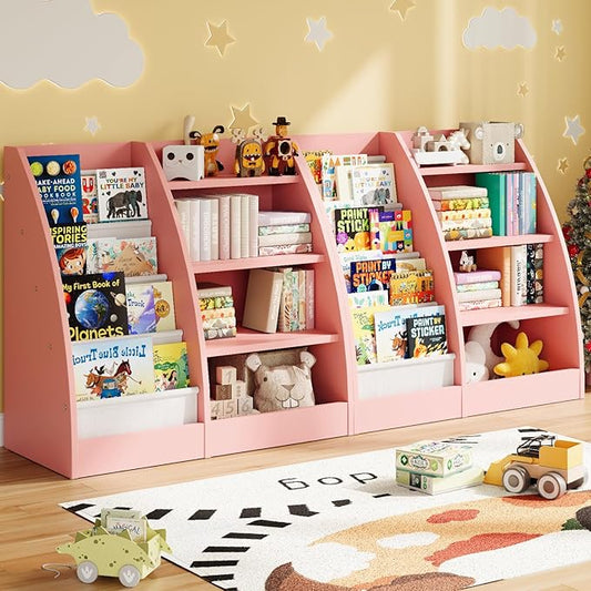 4 Tier Kids Bookshelf Set of 2,4 Layer Sling Kids Book Shelf for Kids Rooms,Wood Children Bookcase,Baby Storage Book Rack,Toddler Bookshelf, Book and Toy Organizer,Book Display Shelf for Nursery