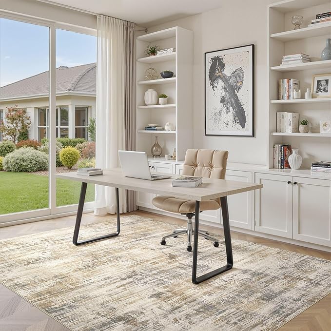 Area Rug for Living Room: 10x14 Washable Neutral Abstract Modern Soft Rugs Non Slip Indoor Floor Stain Resistant Large Carpet for Bedroom Dining Room Office Nursery - Golden Brown