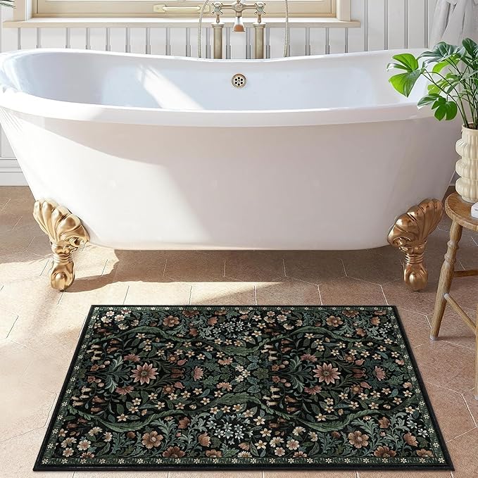 Floral 2x3 Entryway Rug,Washable Front Door Mat Indoor Non Slip Low Pile Small Carpet, Soft Black Boho Botanical Throw Rug for Bathroom Bedroom Kitchen Laundry Indoor Entrance